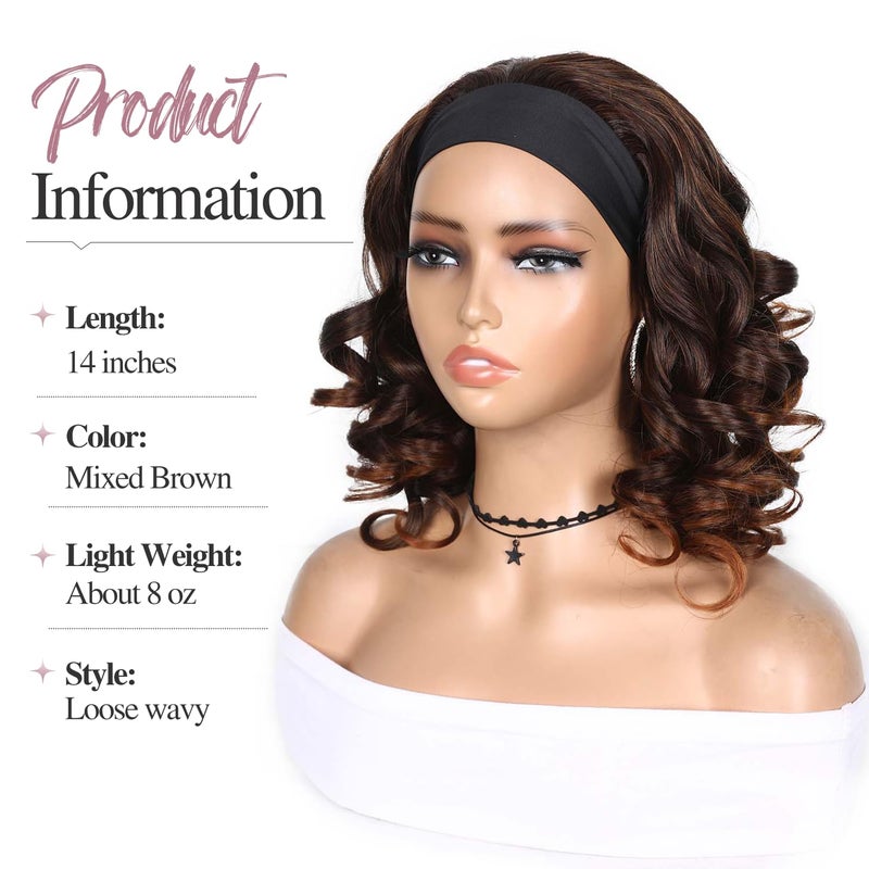 Fancy Hair Loose Wavy Headband Wigs Wear and Go Short Bob Wig Synthetic Shoulder Length Brown Headband Wig for Black Women (Mixed Brown) - Image 3